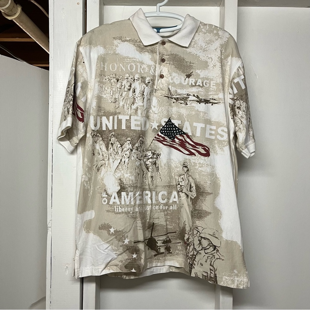 Cotton Traders USA Patriotic Military Mens Polo Shirt All Over Print Large